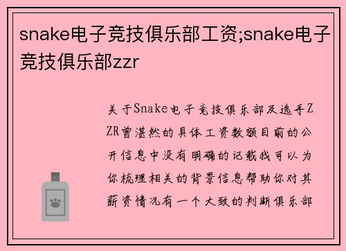 snake电子竞技俱乐部工资;snake电子竞技俱乐部zzr